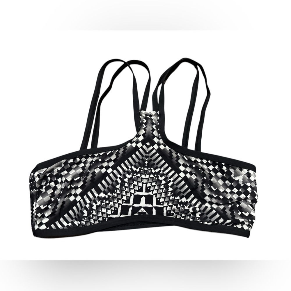 KikiRio Tribal Print Black White Cage Back Strappy Bikini Top Size Medium